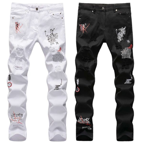2021gaojiechao brand pierced english embroidery print black and white slim fit small straight tube personalized graffiti jeans men, Blue
2021gaojiechao brand pierced english embroidery print black and white slim fit small straight tube personalized graffiti jeans men, Blue