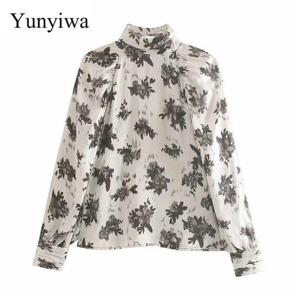 women's blouses & shirts women elegant ink flower printing casual smock blouse chic turtleneck blusas business femininas, White
women's blouses & shirts women elegant ink flower printing casual smock blouse chic turtleneck blusas business femininas, White
