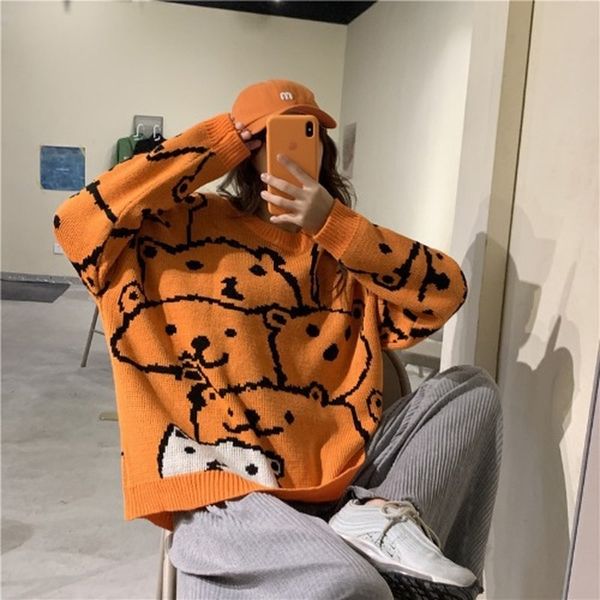 women sweater cute bear print round collar long sleeve pullover kawaii loose casual sweater couple winter 210218, White;black
women sweater cute bear print round collar long sleeve pullover kawaii loose casual sweater couple winter 210218, White;black