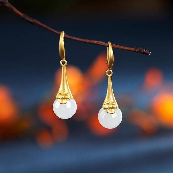 dangle & chandelier design ancient gold craftsmanship inlaid natural hetian white jade round bead flower earrings elegant ladies jewelry, Silver 
dangle & chandelier design ancient gold craftsmanship inlaid natural hetian white jade round bead flower earrings elegant ladies jewelry, Silver