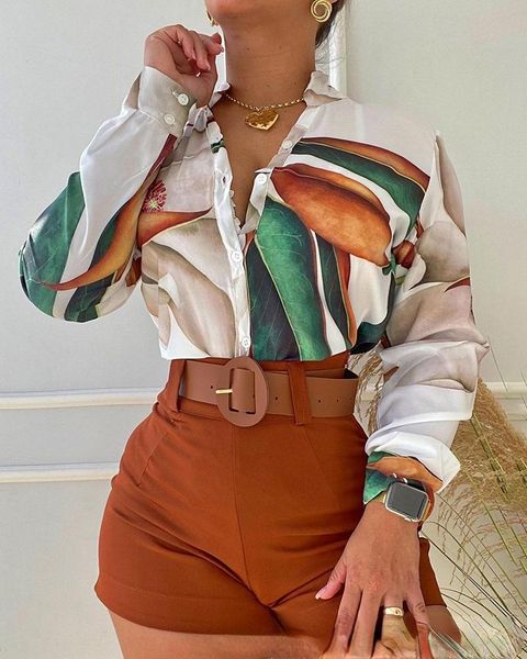 women's t-shirt european and american 2021 summer tropical printing long-sleeved shirt casual fashion suit shorts-no belt, White
women's t-shirt european and american 2021 summer tropical printing long-sleeved shirt casual fashion suit shorts-no belt, White