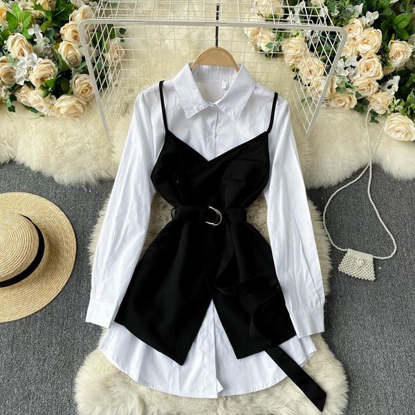 women's blouses & shirts women chic twinset shirt dress matching spaghetti strap belted waist vest 2 pieces blouse tn268, White
women's blouses & shirts women chic twinset shirt dress matching spaghetti strap belted waist vest 2 pieces blouse tn268, White