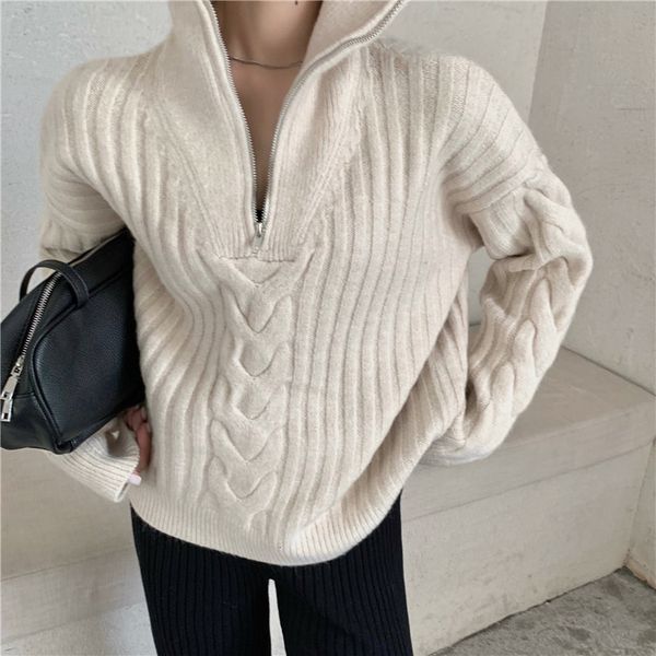 korean loose zipper sweater lazy style casual 2021 turtleneck all match fashion women new ol twist knitting sweaters 0qdp, White;black
korean loose zipper sweater lazy style casual 2021 turtleneck all match fashion women new ol twist knitting sweaters 0qdp, White;black