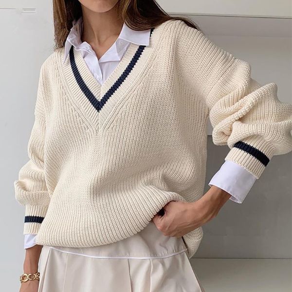 women's sweaters 2021 autumn winter european and american casual v-neck long sleeve splicing contrast color thin loose pullover sweater, White;black
women's sweaters 2021 autumn winter european and american casual v-neck long sleeve splicing contrast color thin loose pullover sweater, White;black