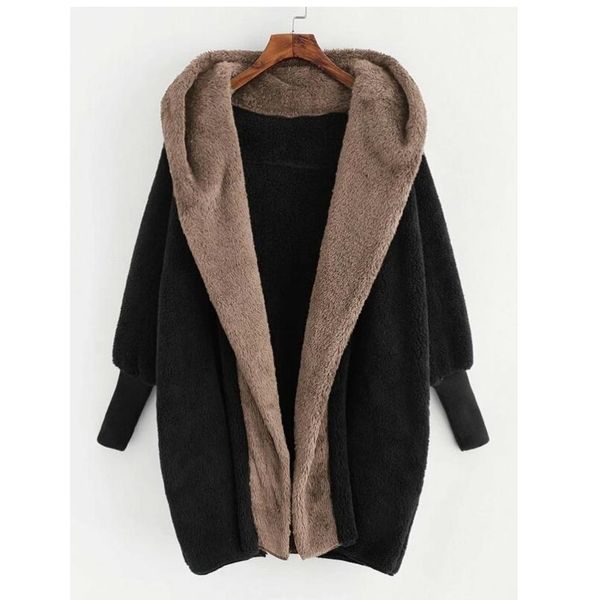 women's wool & blends color-blocking hooded loose cardigan jacket double-sided fluffy coat with threaded cuffs, Black
women's wool & blends color-blocking hooded loose cardigan jacket double-sided fluffy coat with threaded cuffs, Black