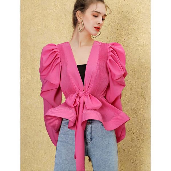 women's blouses & shirts european 2021 slim shirt with bubble sleeve and lace up waist covering deep pleated v chiffon for women, White
women's blouses & shirts european 2021 slim shirt with bubble sleeve and lace up waist covering deep pleated v chiffon for women, White