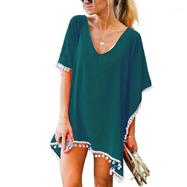 women's swimwear tassel bikini cover up tunics for women trim kaftan chiffon tassels beach loose kimono, White;black
women's swimwear tassel bikini cover up tunics for women trim kaftan chiffon tassels beach loose kimono, White;black