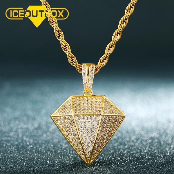 pendant necklaces iceoutbox cubic zircon rhombus for women men hip hop jewlery micro pave party bling geometrical shaped, Silver
