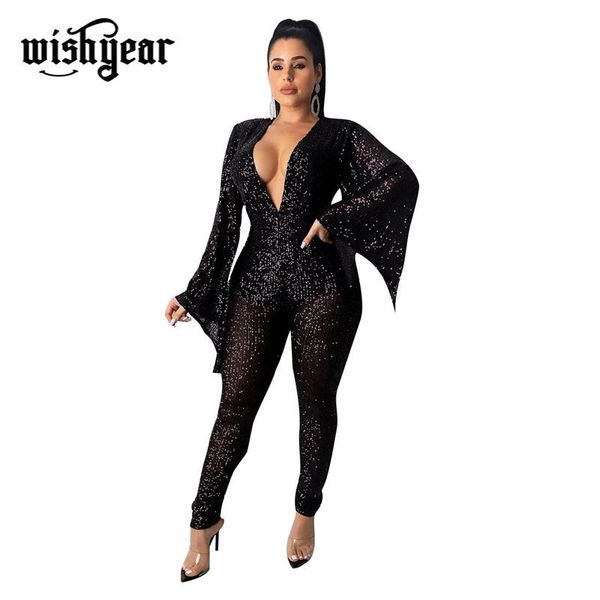 women's jumpsuits & rompers flare sleeve sequins mesh sheer jumpsuit deep v neck party romper night club overalls performance outfits f, Black;white
women's jumpsuits & rompers flare sleeve sequins mesh sheer jumpsuit deep v neck party romper night club overalls performance outfits f, Black;white