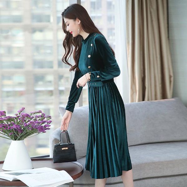 casual dresses gold velvet dress for women autumn winter long sleeve medium pleated elegant with belt office lady vestidos w1751, Black;gray
casual dresses gold velvet dress for women autumn winter long sleeve medium pleated elegant with belt office lady vestidos w1751, Black;gray