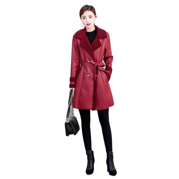 women's leather & faux coat women wine red l-5xl plus size add velvet 2021 winter temperament suit collar slim belt thick pu jackets ld, Black
women's leather & faux coat women wine red l-5xl plus size add velvet 2021 winter temperament suit collar slim belt thick pu jackets ld, Black
