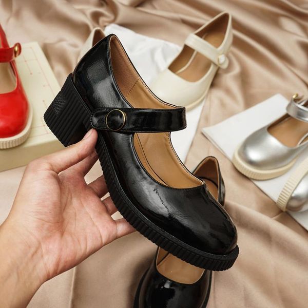 dress shoes patent leather vintage mary mid heel buckle ballet crude heels women's, Black 
dress shoes patent leather vintage mary mid heel buckle ballet crude heels women's, Black