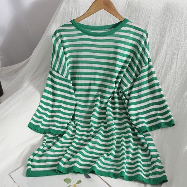 women's t-shirt irregular split long thin green shirt summer loose korean round neck color matching stripe, White
women's t-shirt irregular split long thin green shirt summer loose korean round neck color matching stripe, White