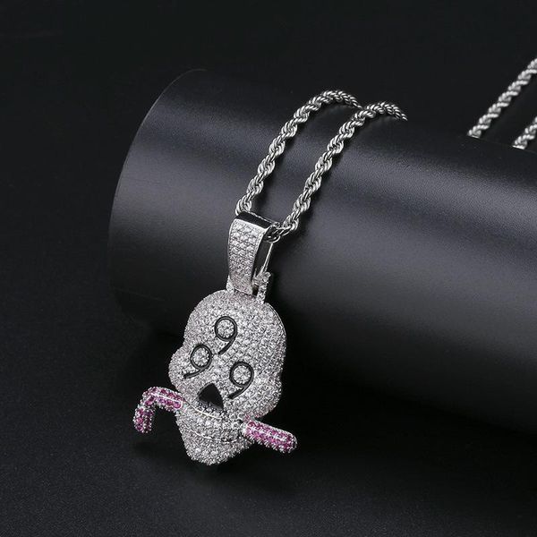 pendant necklaces hip hop out 999 skull copper micro inlaid cubic zircon men solid necklace jewelry, Silver