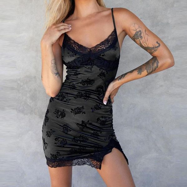 casual dresses women's rose pattern suspender party v-neck lace trim split slim bottoming mini dress lady night club wear vestidos, Black;gray 
casual dresses women's rose pattern suspender party v-neck lace trim split slim bottoming mini dress lady night club wear vestidos, Black;gray