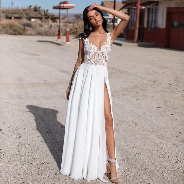 other wedding dresses luxury a-line chiffon o neck sleeveless lace applique gowns backless high split robe de mariée tailor-made, White
other wedding dresses luxury a-line chiffon o neck sleeveless lace applique gowns backless high split robe de mariée tailor-made, White