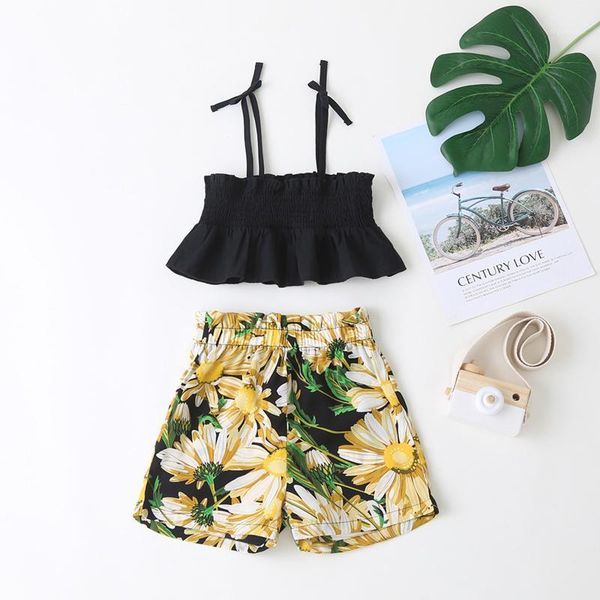 1-6y summer kids girls clothes sets ruffles strapless vest sunflowers print shorts boho outfits clothing, White 
1-6y summer kids girls clothes sets ruffles strapless vest sunflowers print shorts boho outfits clothing, White