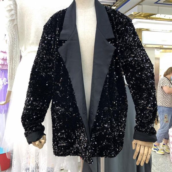black party blazer autumn 2021 heavy industry sequins suit coat women's fashion loose korean black mesh suit oversized blazer, White;black
black party blazer autumn 2021 heavy industry sequins suit coat women's fashion loose korean black mesh suit oversized blazer, White;black