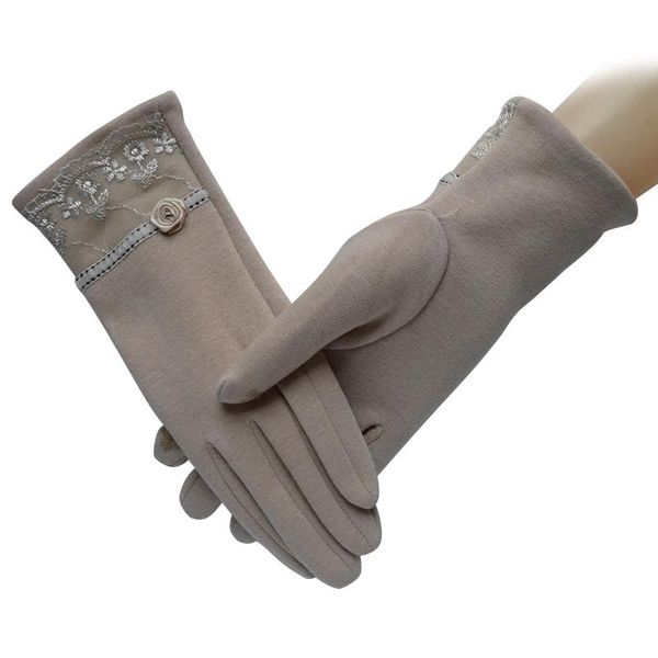 fingerless gloves 200pairs / lot cotton soft women winter thicken female lace embroidery full finger screen mittens, Blue;gray