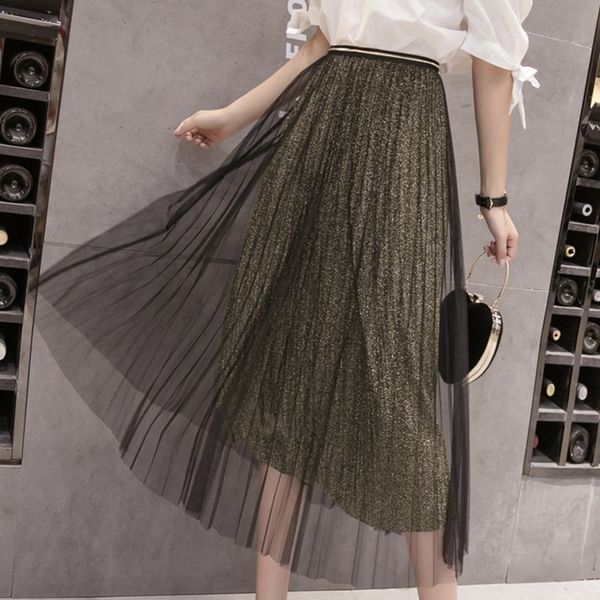 2021 new women pleated solid mesh spring and summer midi skirt female temperament elastic high waist long casual vintage skirts 58mi, Black
2021 new women pleated solid mesh spring and summer midi skirt female temperament elastic high waist long casual vintage skirts 58mi, Black