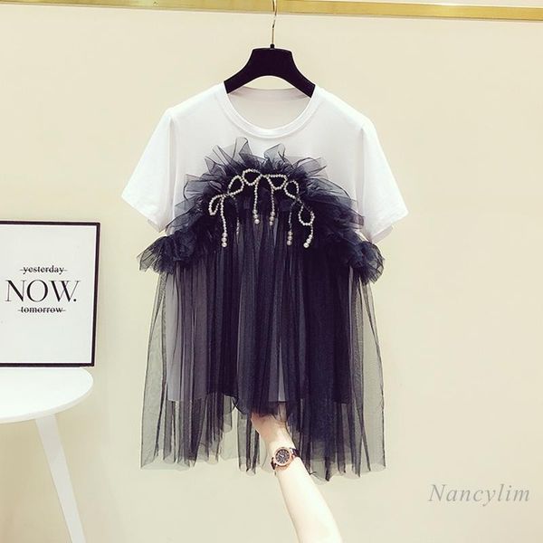 women's t-shirt mesh splicing beads bow short sleeve 2021 summer clothing design loose tees femme, White
women's t-shirt mesh splicing beads bow short sleeve 2021 summer clothing design loose tees femme, White