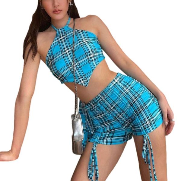 women's tracksuits 2021 summer style plaid print sets irregular hanging neck halter crop and high waist drawstring shorts outfits, Gray
women's tracksuits 2021 summer style plaid print sets irregular hanging neck halter crop and high waist drawstring shorts outfits, Gray