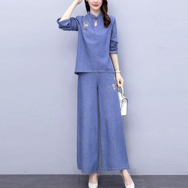 women's two piece pants vintage embroidery denim two-piece suits women pullover and loose elastic high waist wide leg jeans fashion bl, White
women's two piece pants vintage embroidery denim two-piece suits women pullover and loose elastic high waist wide leg jeans fashion bl, White