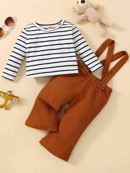 baby striped tee & crisscross pinafore pants she, White 
baby striped tee & crisscross pinafore pants she, White