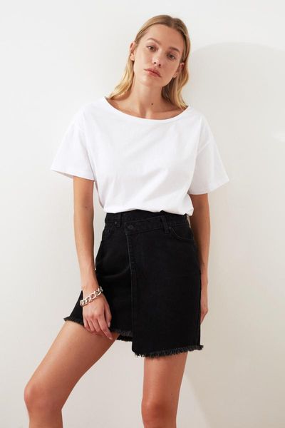 skirts trendyol black skirt tip asymmetrical denim twoaw20et0071