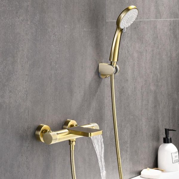 brushed gold constant temperature shower faucet wall mounted double handles faucet handheld bath shower set with bracket
brushed gold constant temperature shower faucet wall mounted double handles faucet handheld bath shower set with bracket