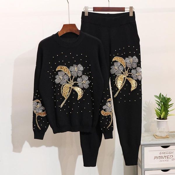 two piece dress 2021 spring and autumn women's european station heavy industry nail bead flower long sleeve loose knit casual pants set, White
two piece dress 2021 spring and autumn women's european station heavy industry nail bead flower long sleeve loose knit casual pants set, White