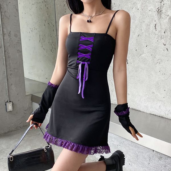black harajuku punk sleeveless dress summer front tie backless lace ruffles short dress with gloves gothic y2k 90s, Black;gray
black harajuku punk sleeveless dress summer front tie backless lace ruffles short dress with gloves gothic y2k 90s, Black;gray