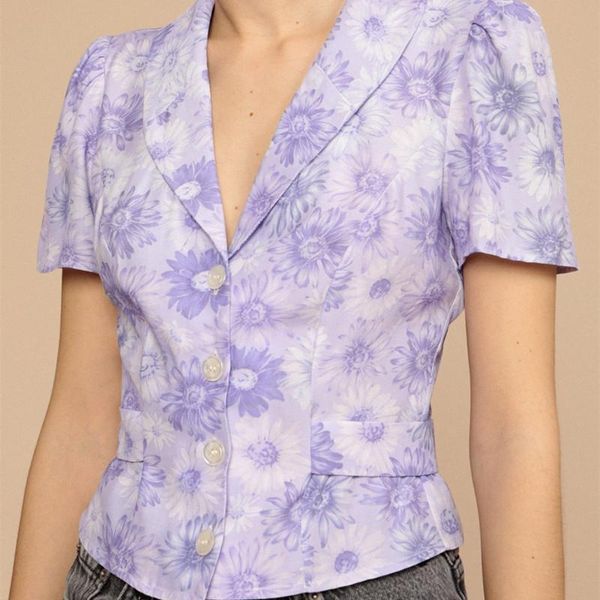 women's blouses & shirts summer notched blouse sunflower print short sleeve single breasted ladies, White
women's blouses & shirts summer notched blouse sunflower print short sleeve single breasted ladies, White