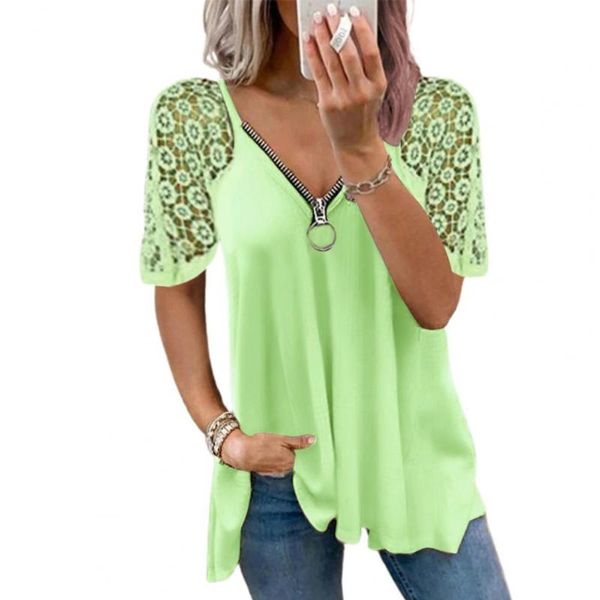women's blouses & shirts women t-shirt zipper v neck blouse lace stitching hollow out short sleeve wide hem, White
women's blouses & shirts women t-shirt zipper v neck blouse lace stitching hollow out short sleeve wide hem, White