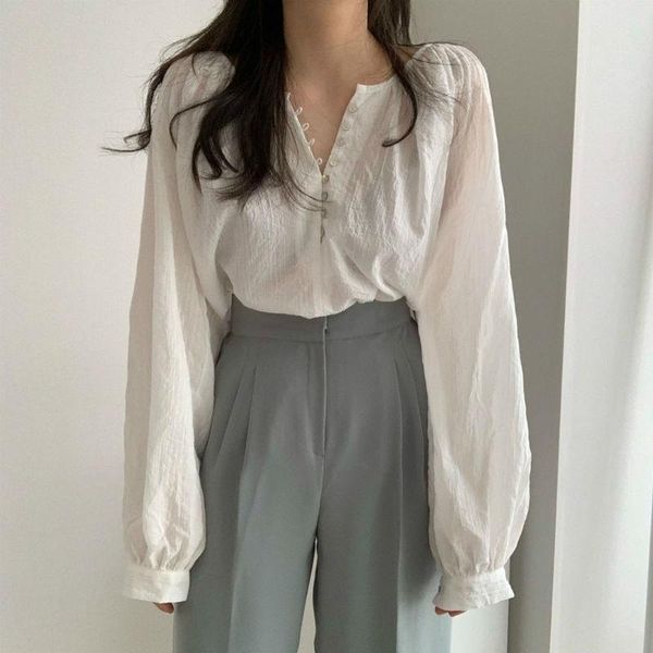 women and blouses korean summer o-neck single breasted blouse chic loose casual thin long sleeve female shirt, White
women and blouses korean summer o-neck single breasted blouse chic loose casual thin long sleeve female shirt, White