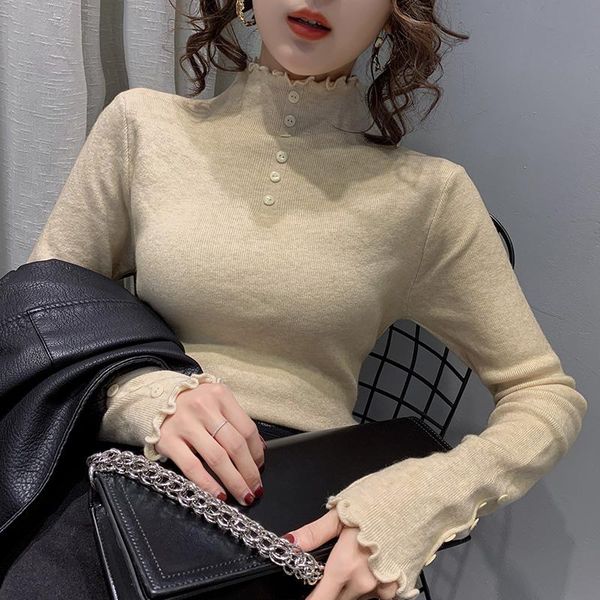 women's sweaters fall winter european clothes knitted sweater chic ruffes button pullovers women slim bottoming shirt, White;black
women's sweaters fall winter european clothes knitted sweater chic ruffes button pullovers women slim bottoming shirt, White;black