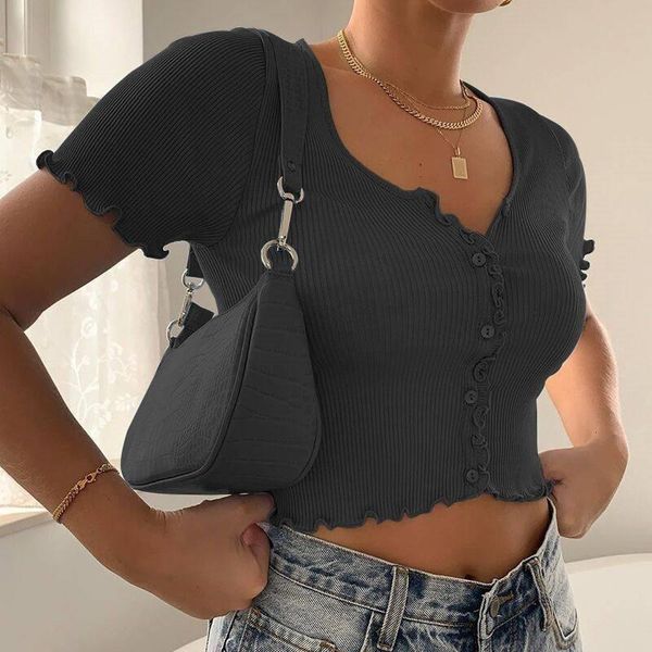 woman short sleeve ruffled v-neck t-shirt solid color button to body crop summer coat female t-shirt, White
woman short sleeve ruffled v-neck t-shirt solid color button to body crop summer coat female t-shirt, White