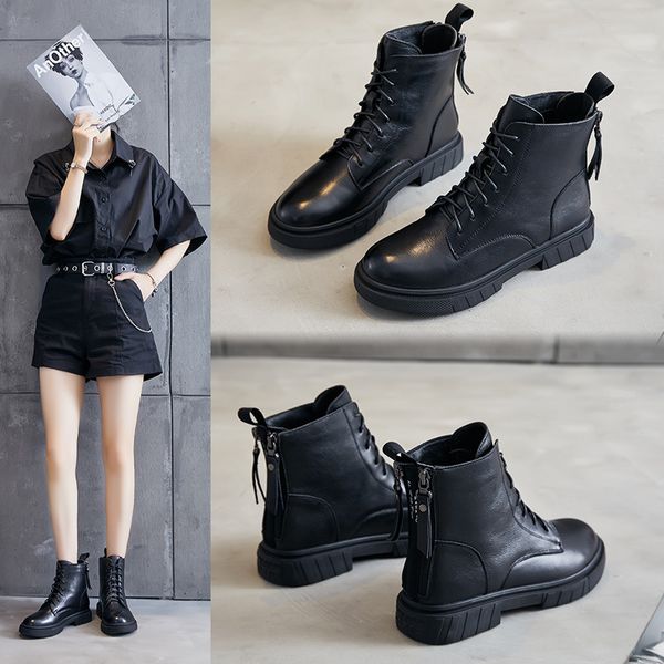 head leather martin boots women's autumn winter 2021 british style flat bottom short double zipper, Black
head leather martin boots women's autumn winter 2021 british style flat bottom short double zipper, Black