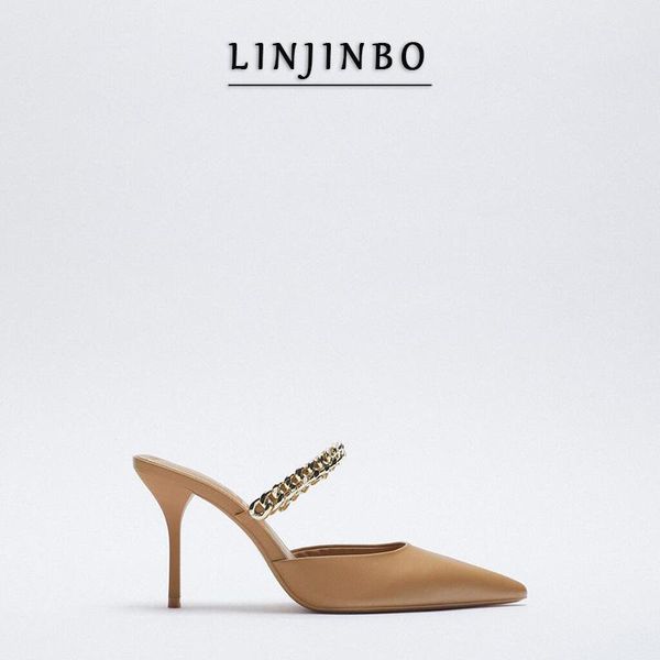 slippers brown pointed toe mary jane high heels women metal chain design mules solid color casual fashion sandals 2021, Black 
slippers brown pointed toe mary jane high heels women metal chain design mules solid color casual fashion sandals 2021, Black