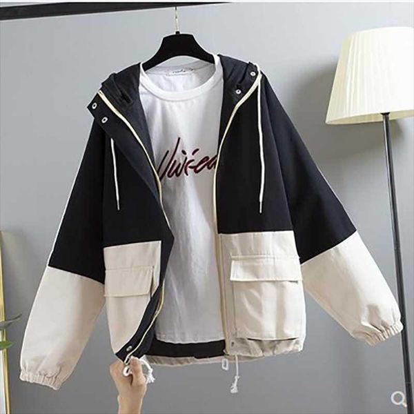 women's jackets 2021 spring and autumn loose large size hooded tooling windbreaker jacket baseball uniform women, Black;brown