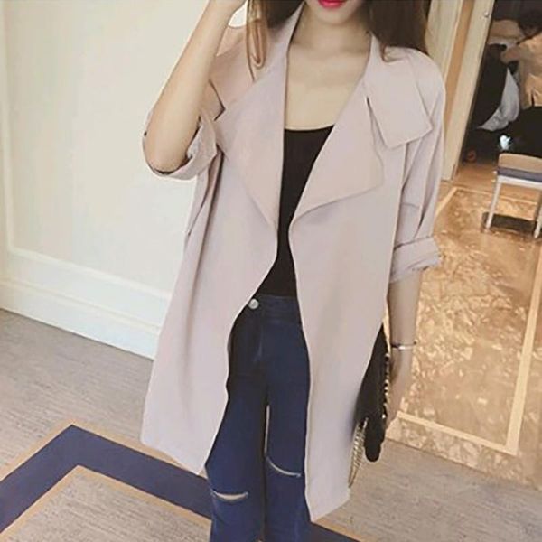 women's trench coats waterfall collar pocket front wrap work wear peach 3/4 sleeve apricot outwear with belts office women casual coat, Tan;black 
women's trench coats waterfall collar pocket front wrap work wear peach 3/4 sleeve apricot outwear with belts office women casual coat, Tan;black