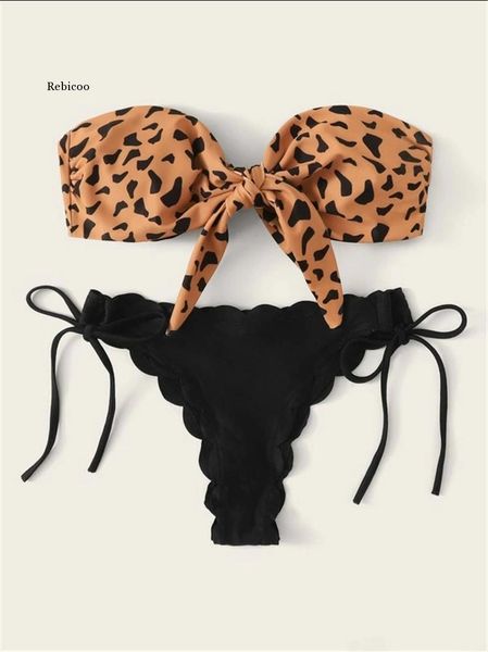 women's swimwear beach bikini woman front lace up tie strapless leopard swimsuit female push ruffled bow bathing suit thong, White;black
women's swimwear beach bikini woman front lace up tie strapless leopard swimsuit female push ruffled bow bathing suit thong, White;black
