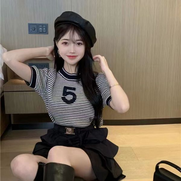 2022 new women clothing tee spring striped letter 5 short sleeve sweater vintage pullover knit shirt top, White
2022 new women clothing tee spring striped letter 5 short sleeve sweater vintage pullover knit shirt top, White
