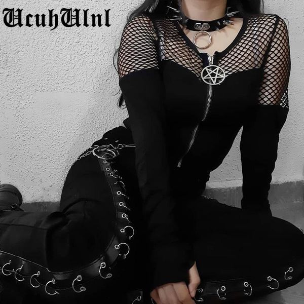 women's t-shirt gothic hollow out black harajuku vintage pentagram zip up long sleeve women streetwear punk fish net, White
women's t-shirt gothic hollow out black harajuku vintage pentagram zip up long sleeve women streetwear punk fish net, White
