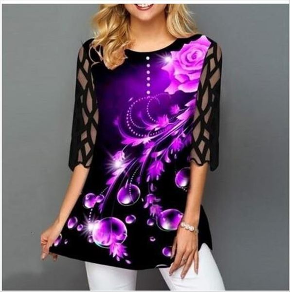plus size 4xl 5xl shirt blouse female 2021 spring summer new o neck half sleeve lace print boho women shirt, White