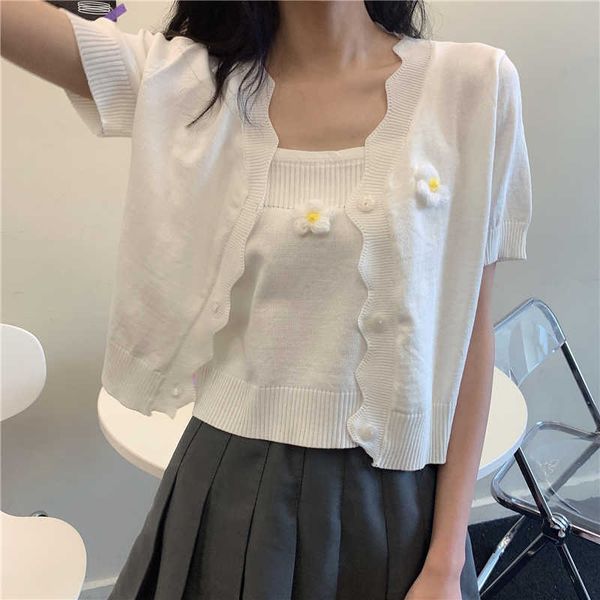 summer sweet knitted suit casual fashion single-breasted short sleeve cardigan and sling vest two-piece set femme 210526, White
summer sweet knitted suit casual fashion single-breasted short sleeve cardigan and sling vest two-piece set femme 210526, White