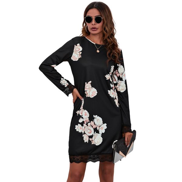 women long sleeve crew neck floral dress a line slim knee length casual dresses empire waist beach dress, Black;gray
women long sleeve crew neck floral dress a line slim knee length casual dresses empire waist beach dress, Black;gray