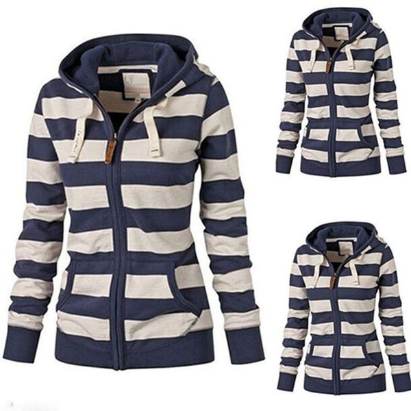 women warm jacket striped hoodie sweatshirt hooded pockets zipper coat, Black
women warm jacket striped hoodie sweatshirt hooded pockets zipper coat, Black