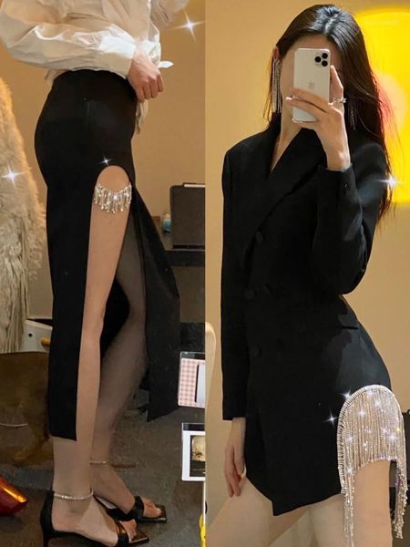 european autumn black notched rhinestone fringe tassel double breasted blazers women jacket coats fashion streetwear 2021 women's suits, White;black
european autumn black notched rhinestone fringe tassel double breasted blazers women jacket coats fashion streetwear 2021 women's suits, White;black