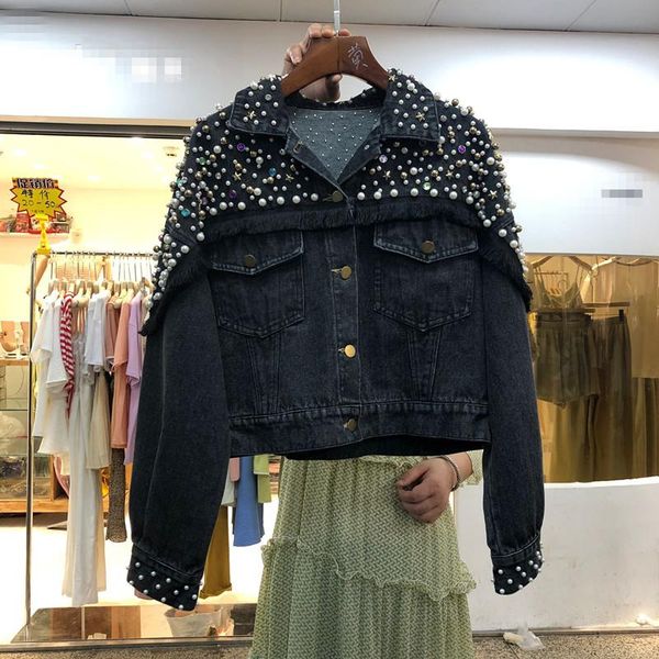 women's jackets 2021 autumn fashion heavy industry beads washing denim jacket coat women loose short cowboy coats studded jeans, Black;brown
women's jackets 2021 autumn fashion heavy industry beads washing denim jacket coat women loose short cowboy coats studded jeans, Black;brown